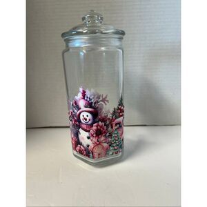 Handmade Pink/snowman glass holiday candy jar